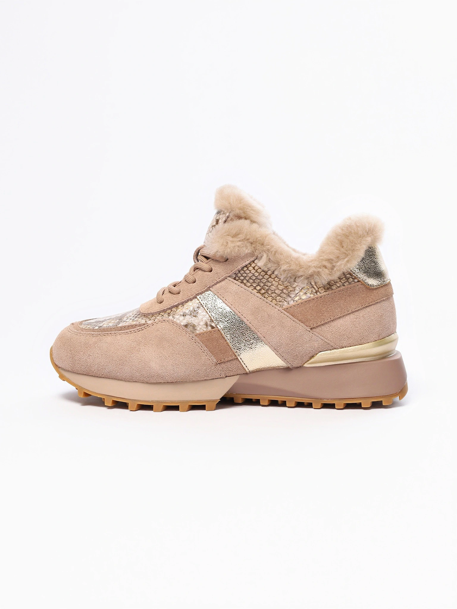 Кроссовки комбинированные темно-розового цвета с оторочкой на рельефной подошве